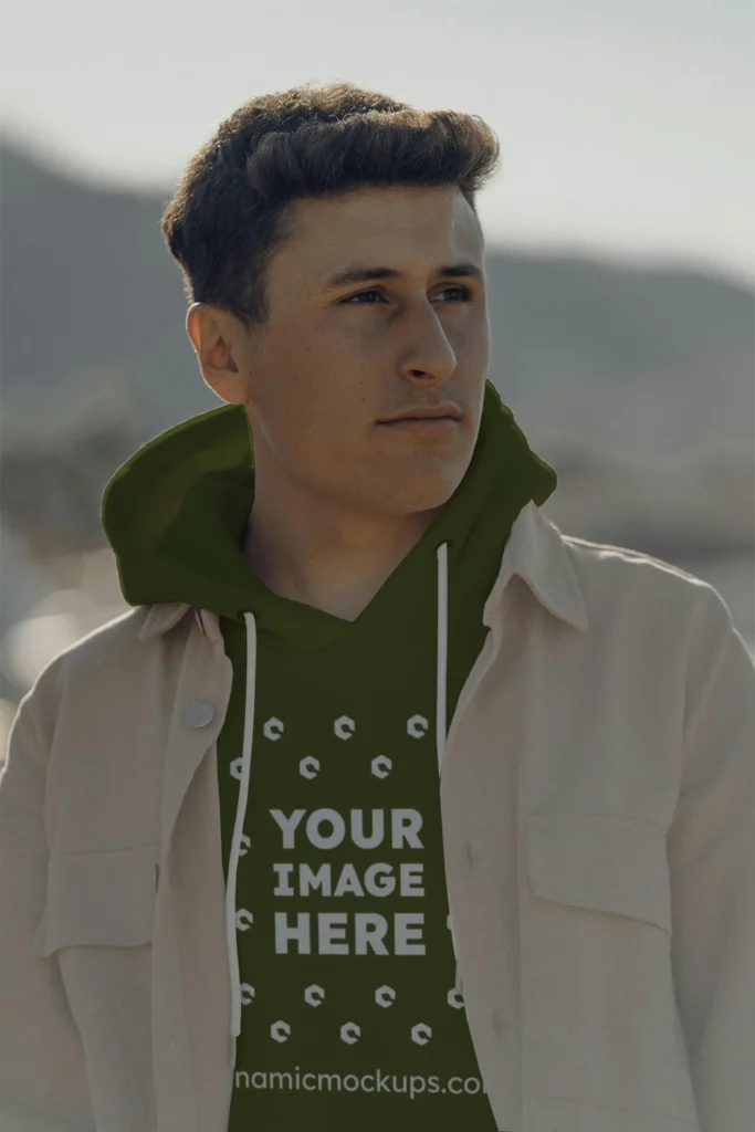 Man Wearing Olive Green Hoodie Mockup Front View Template