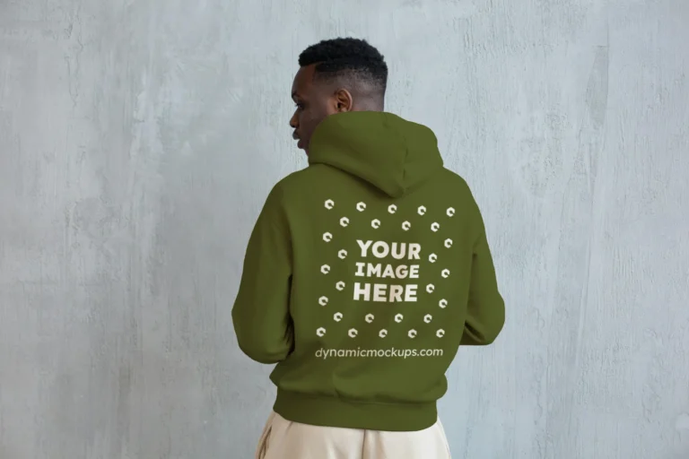 Man Wearing Olive Green Hoodie Mockup Back View Template