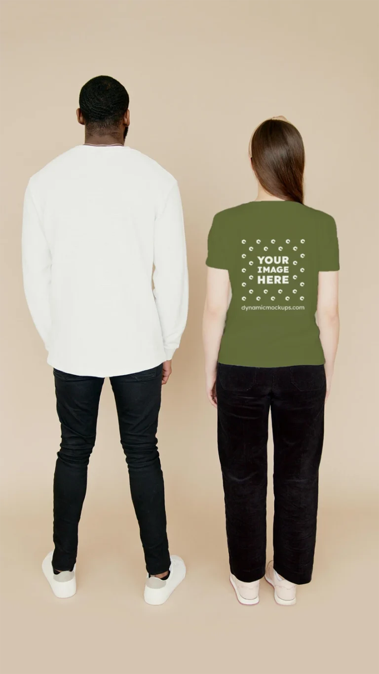 Man Wearing Olive Green T-shirt Mockup Back View Template