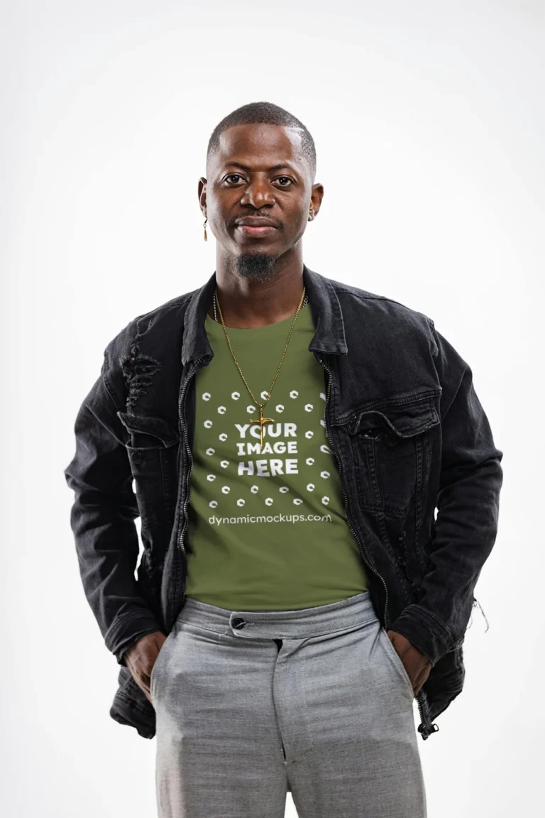 Man Wearing Olive Green T-shirt Mockup Front View Template