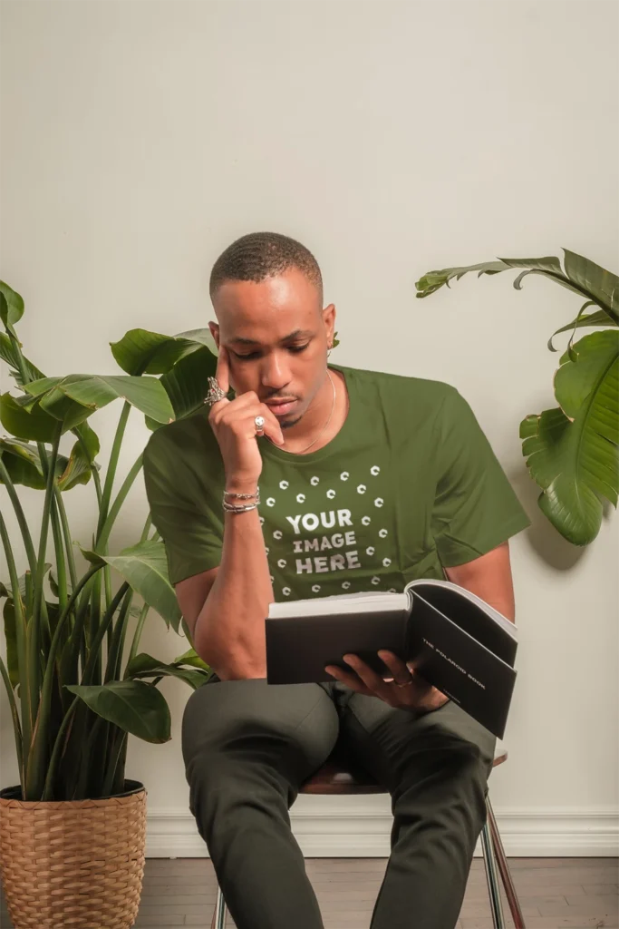 Man Wearing Olive Green T-shirt Mockup Front View Template