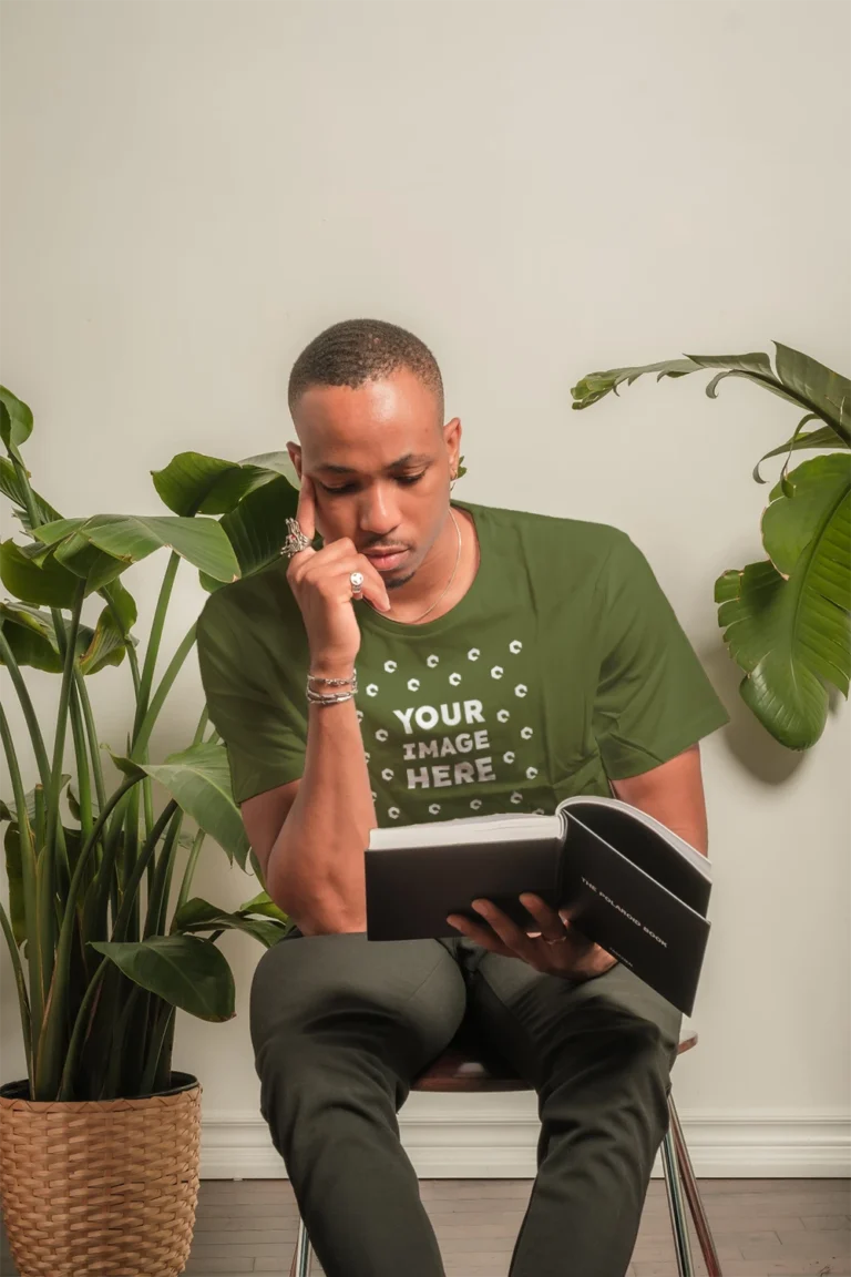 Man Wearing Olive Green T-shirt Mockup Front View Template