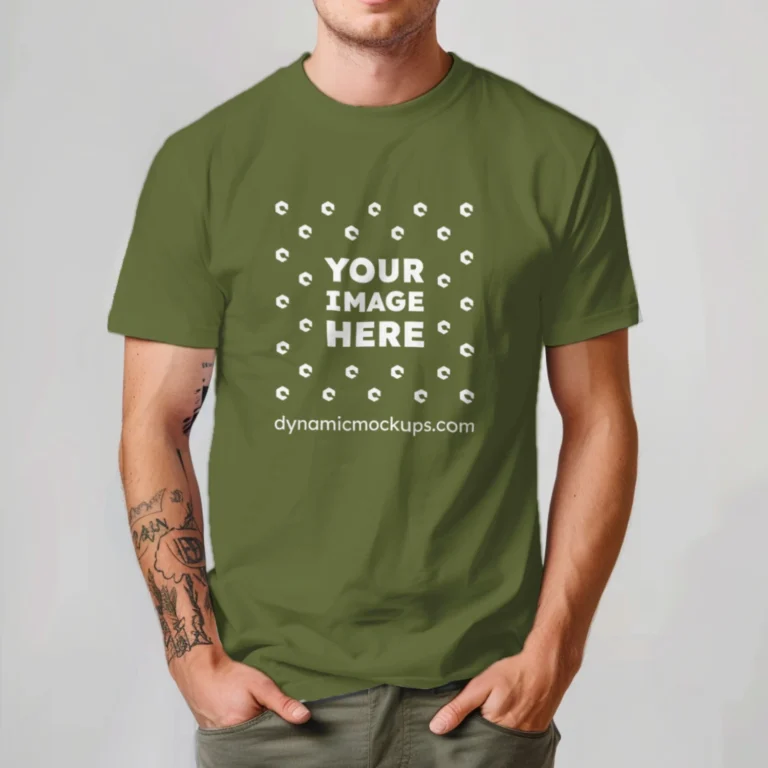 Man Wearing Olive Green T-shirt Mockup Front View Template