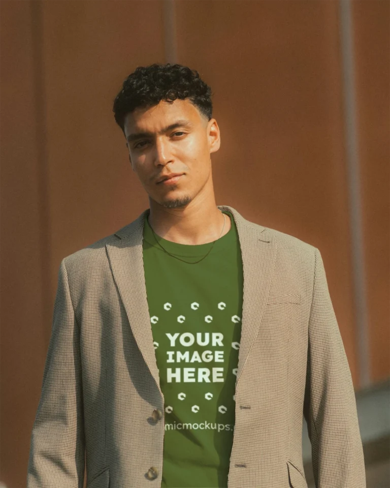 Man Wearing Olive Green T-shirt Mockup Front View Template