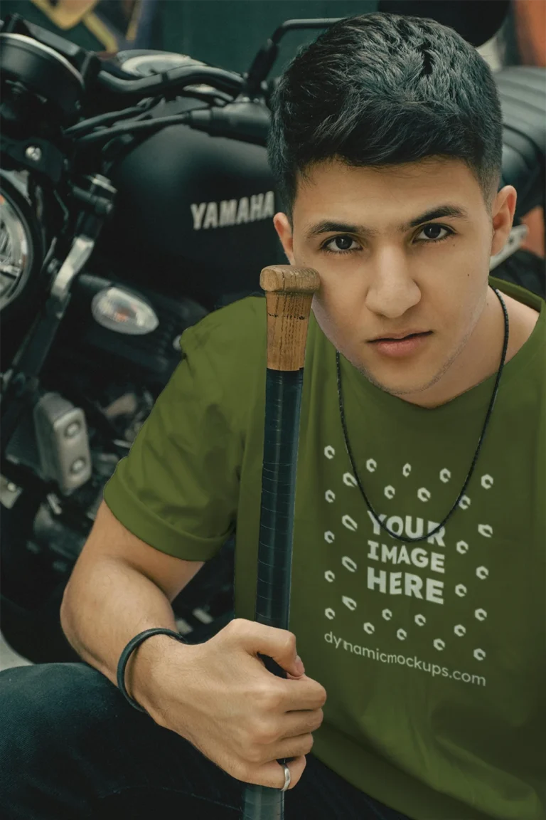 Man Wearing Olive Green T-shirt Mockup Front View Template