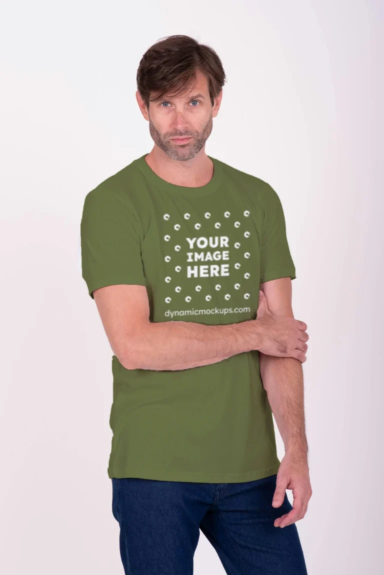 Man Wearing Olive Green T-shirt Mockup Front View Template