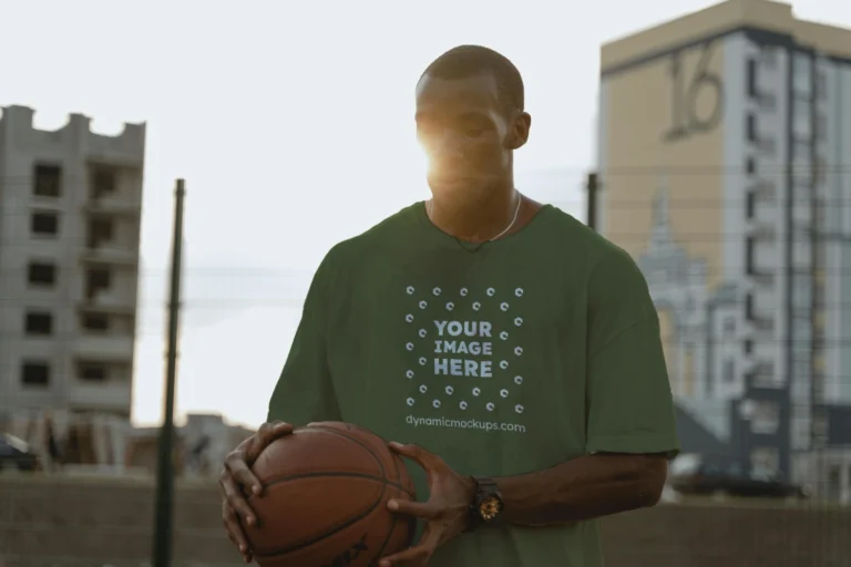 Man Wearing Olive Green T-shirt Mockup Front View Template