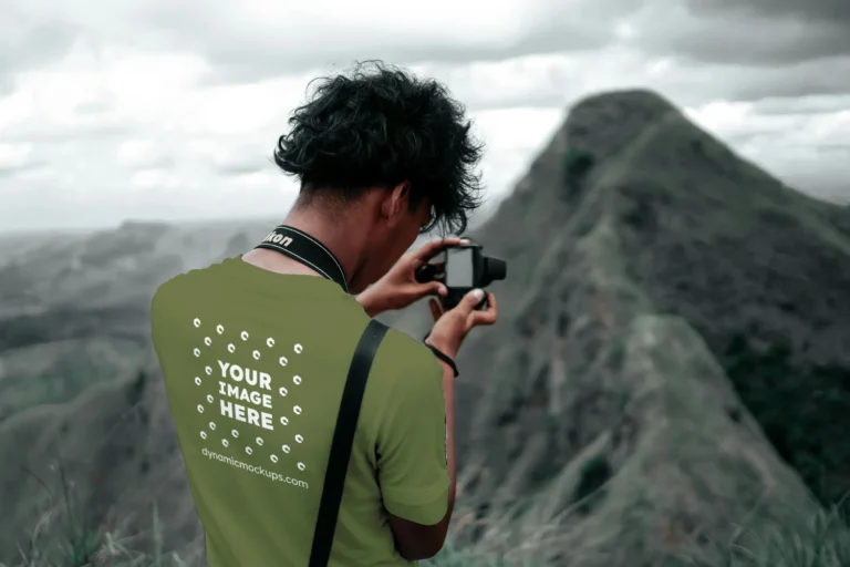 Man Wearing Olive Green T-shirt Mockup Back View Template