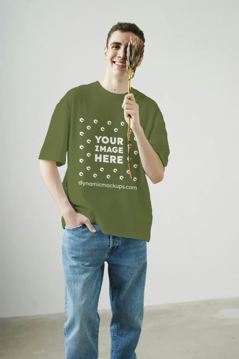 Man Wearing Olive Green T-shirt Mockup Front View Template