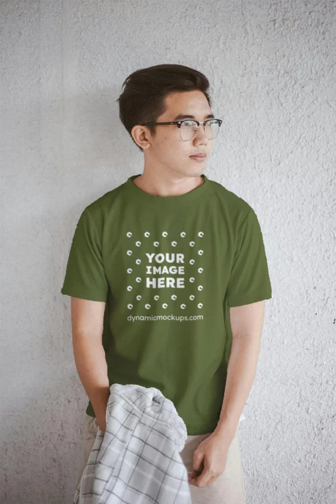 Man Wearing Olive Green T-shirt Mockup Front View Template