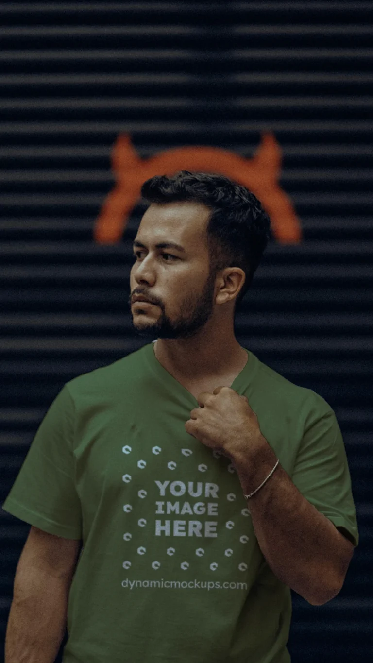 Man Wearing Olive Green T-shirt Mockup Front View Template