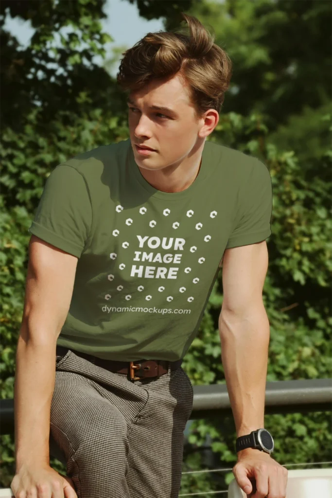 Man Wearing Olive Green T-shirt Mockup Front View Template