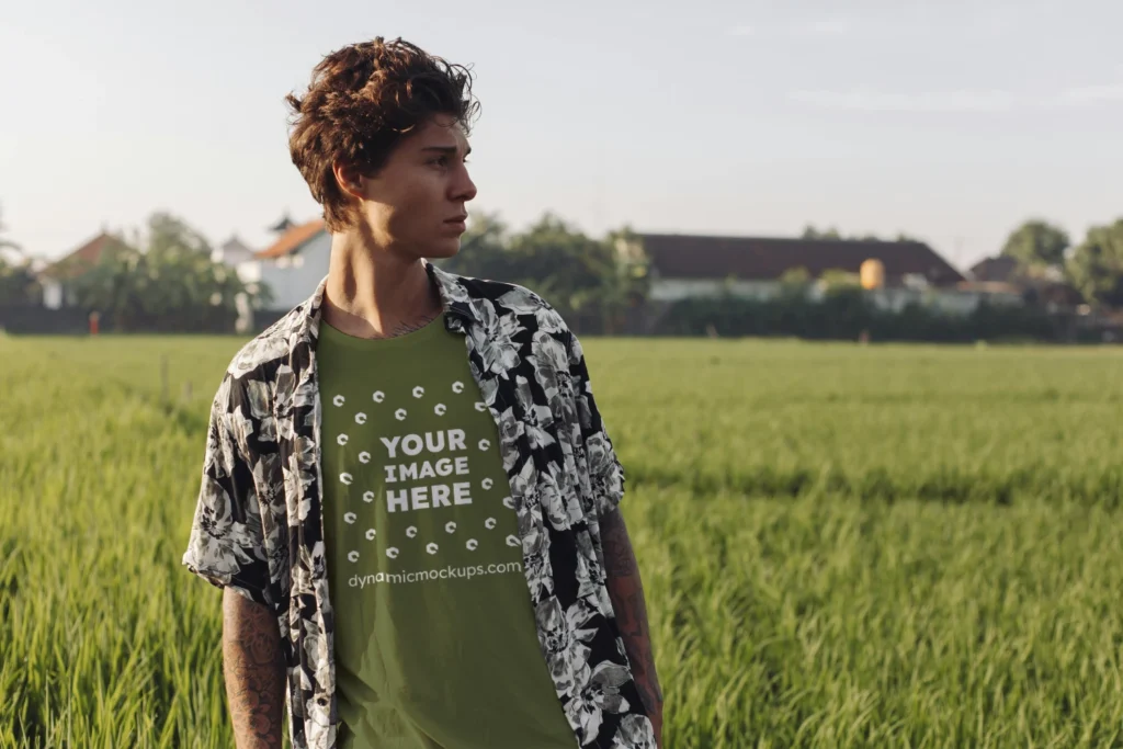 Man Wearing Olive Green T-shirt Mockup Front View Template