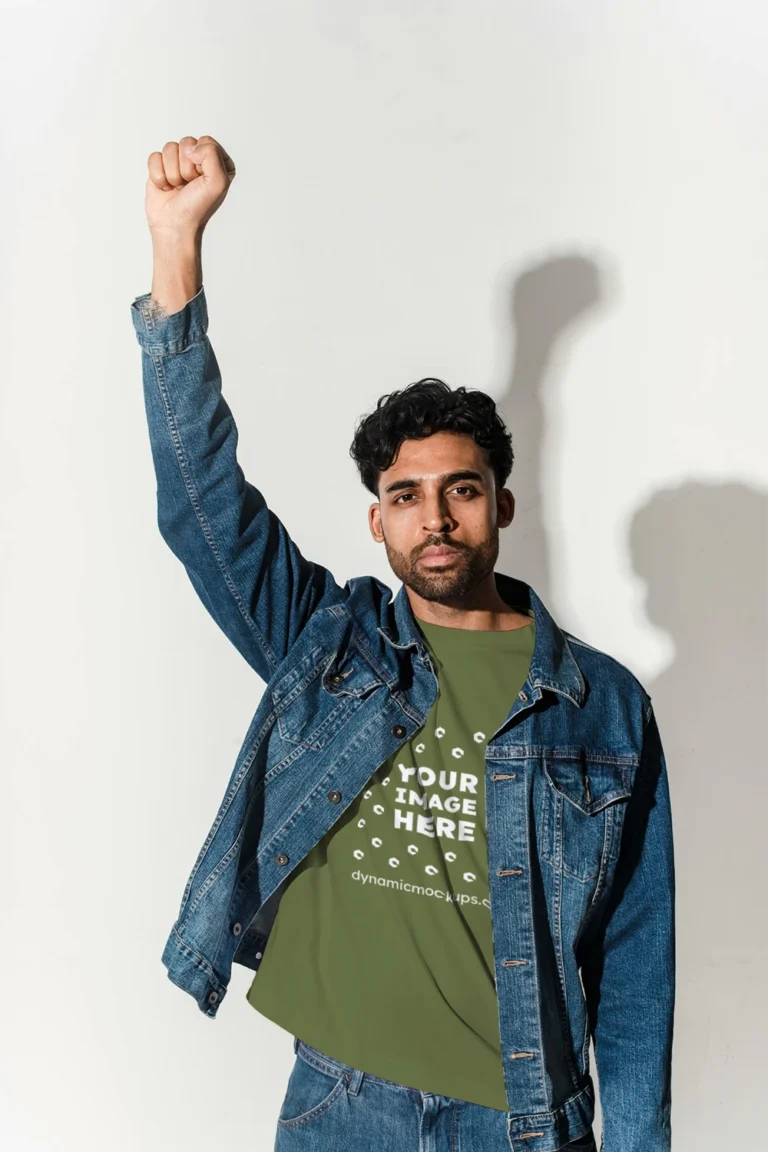 Man Wearing Olive Green T-shirt Mockup Front View Template