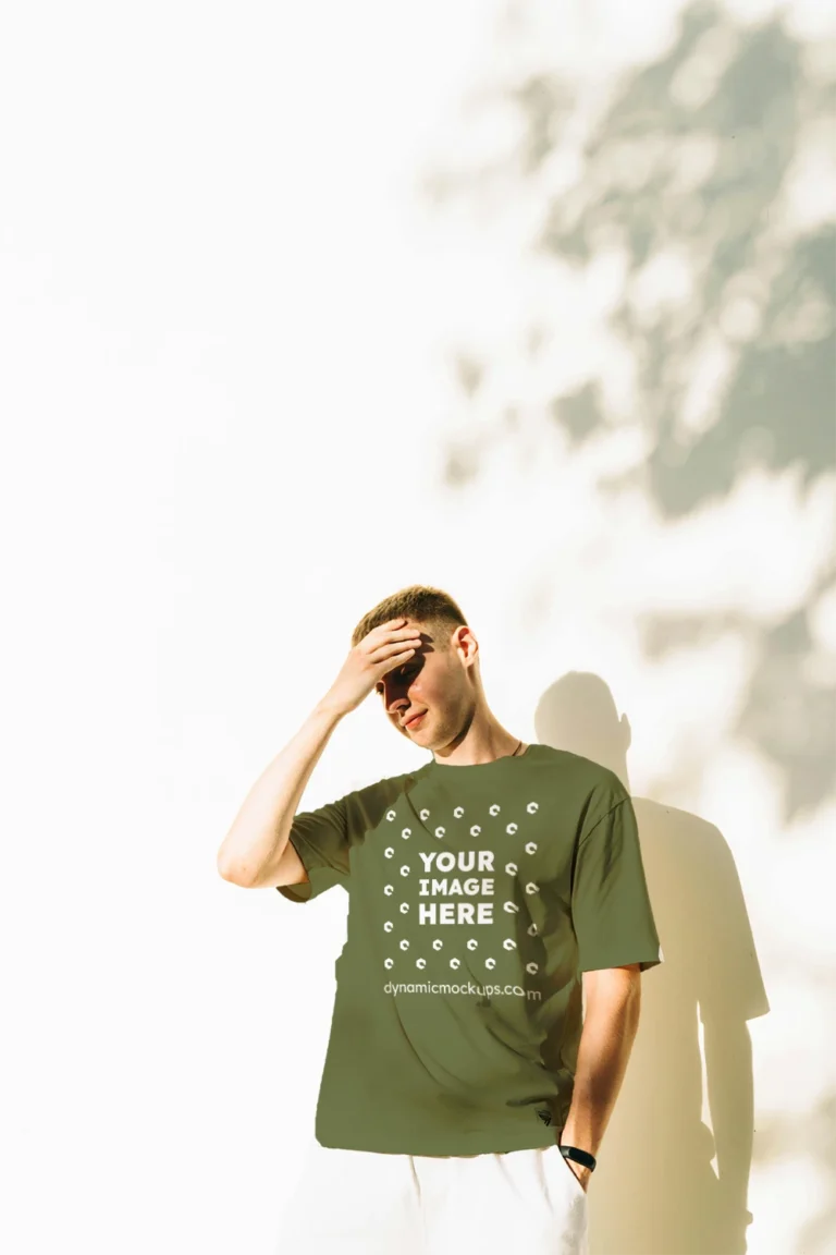 Man Wearing Olive Green T-shirt Mockup Front View Template