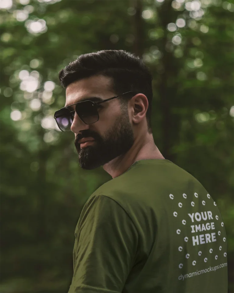 Man Wearing Olive Green T-shirt Mockup Back View Template