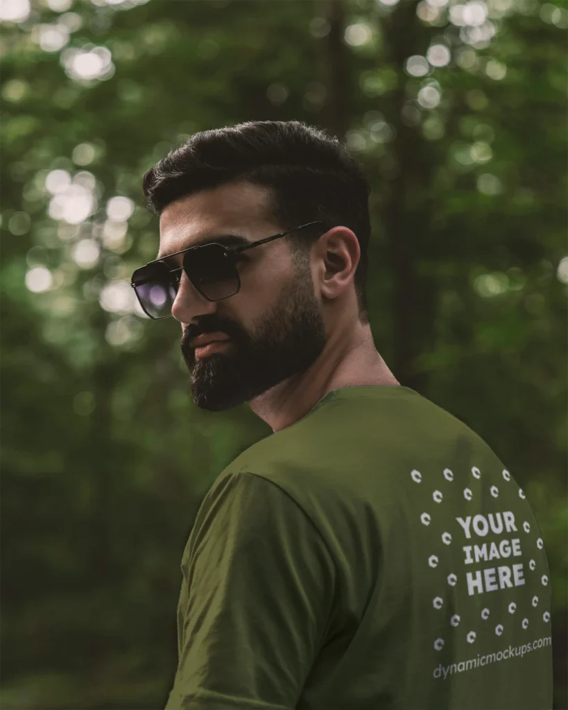 Man Wearing Olive Green T-shirt Mockup Back View Template