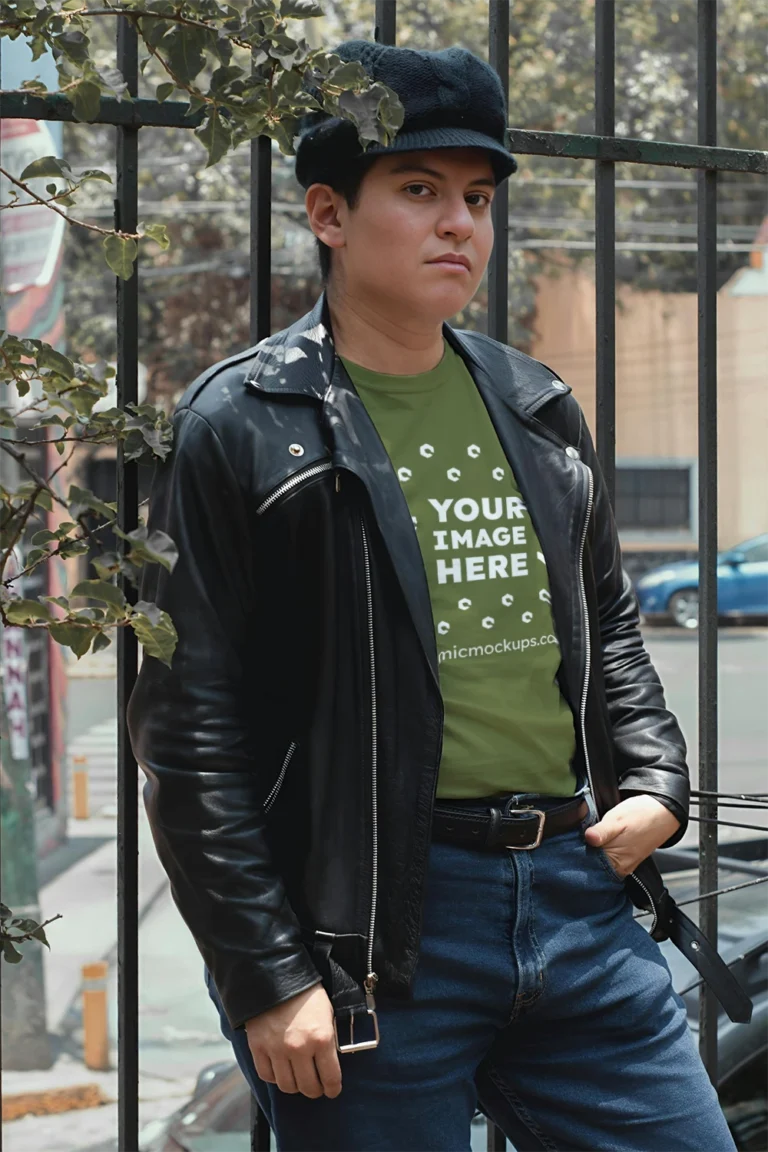 Man Wearing Olive Green T-shirt Mockup Front View Template