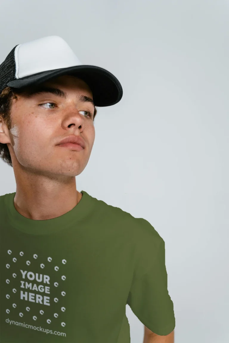 Man Wearing Olive Green T-shirt Mockup Front View Template