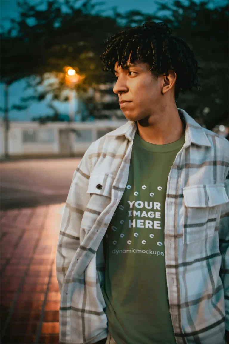 Man Wearing Olive Green T-shirt Mockup Front View Template