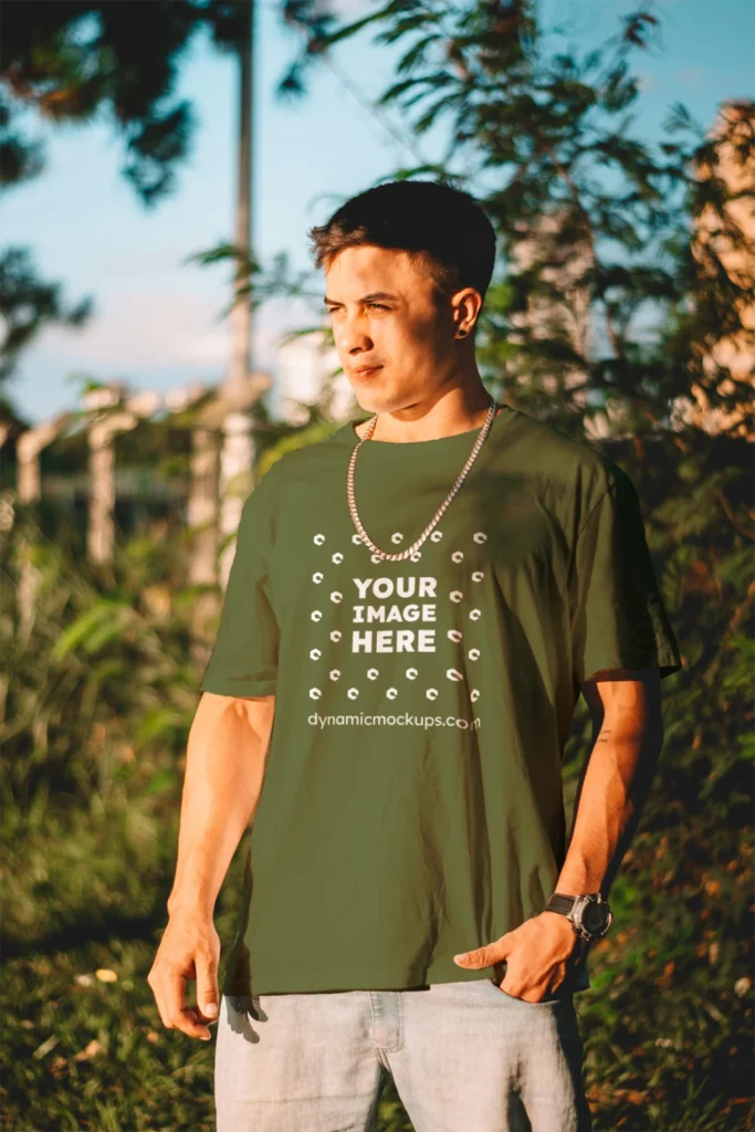 Man Wearing Olive Green T-shirt Mockup Front View Template