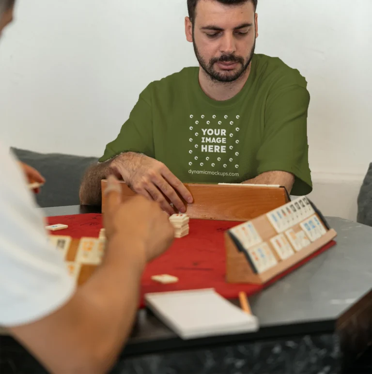 Man Wearing Olive Green T-shirt Mockup Front View Template