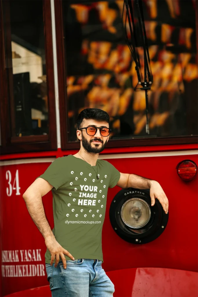 Man Wearing Olive Green T-shirt Mockup Front View Template