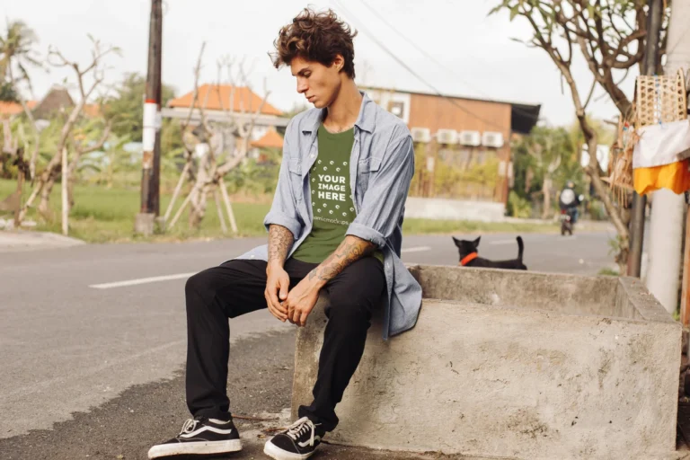 Man Wearing Olive Green T-shirt Mockup Front View Template