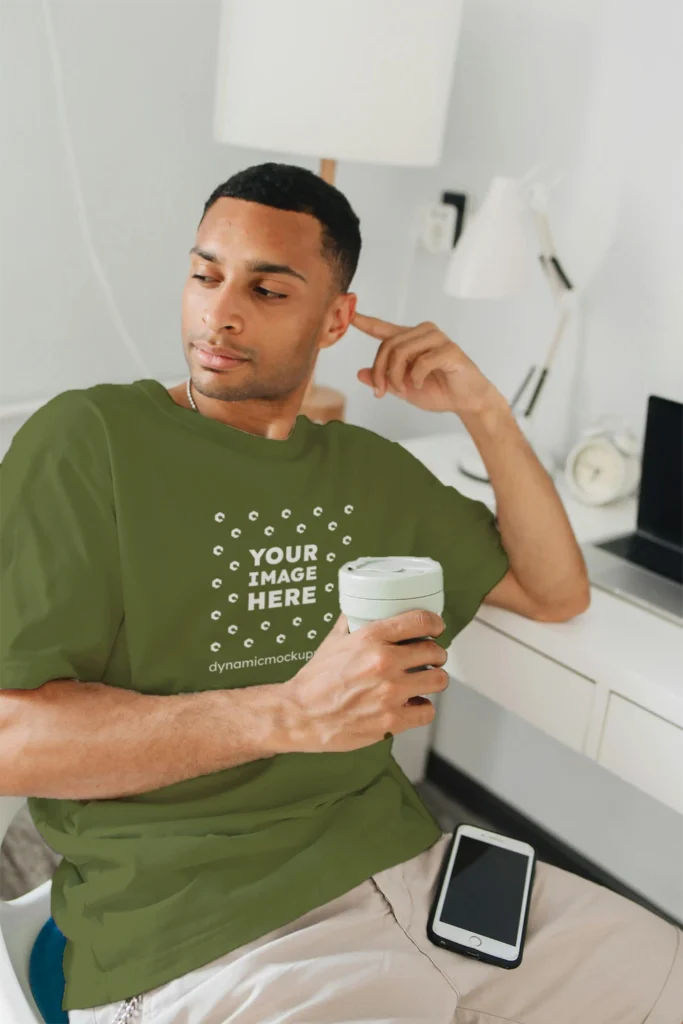 Man Wearing Olive Green T-shirt Mockup Front View Template