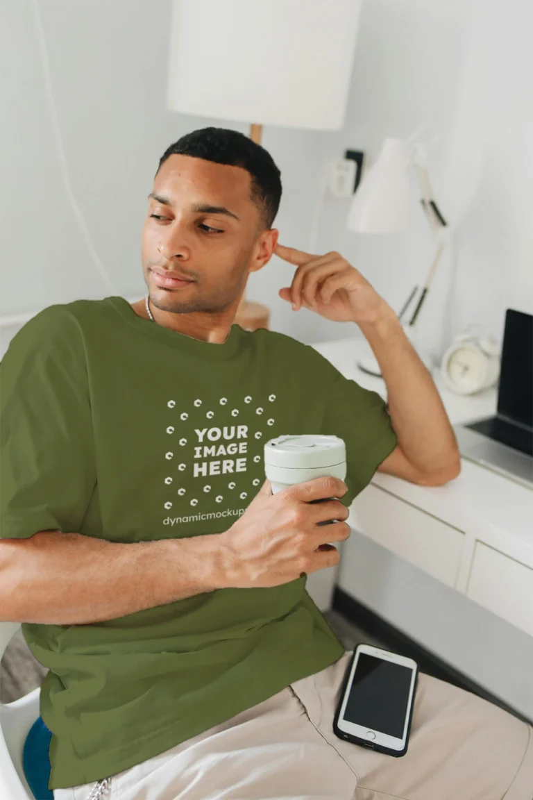 Man Wearing Olive Green T-shirt Mockup Front View Template