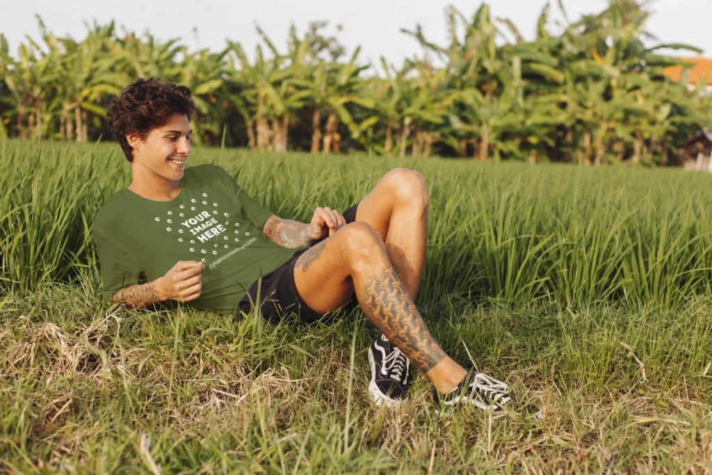 Man Wearing Olive Green T-shirt Mockup Front View Template
