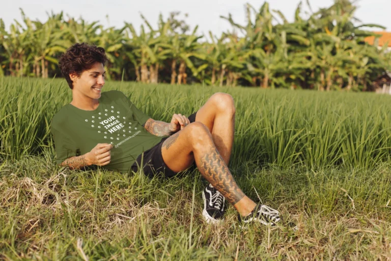 Man Wearing Olive Green T-shirt Mockup Front View Template