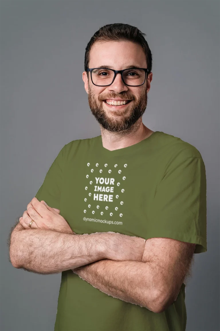 Man Wearing Olive Green T-shirt Mockup Front View Template