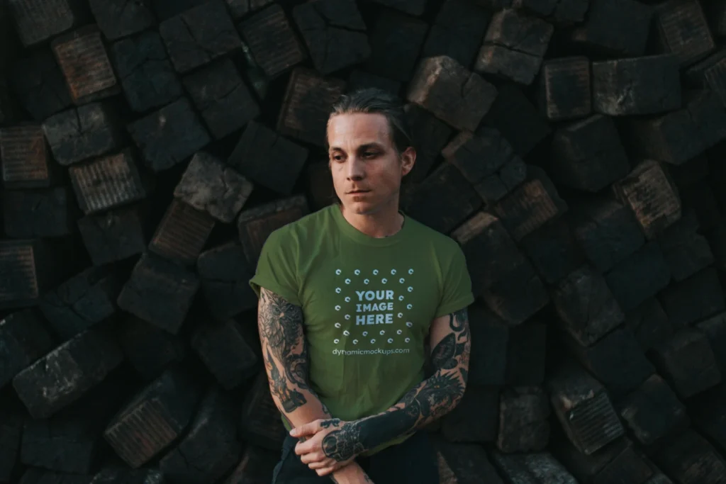 Man Wearing Olive Green T-shirt Mockup Front View Template