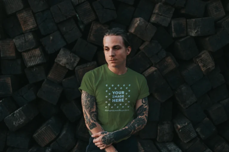 Man Wearing Olive Green T-shirt Mockup Front View Template