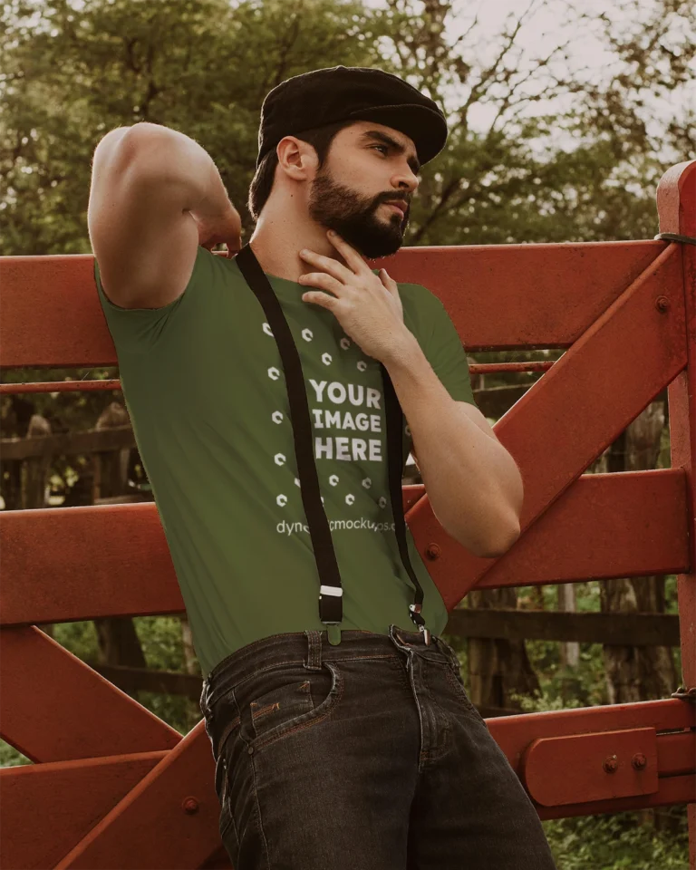 Man Wearing Olive Green T-shirt Mockup Front View Template