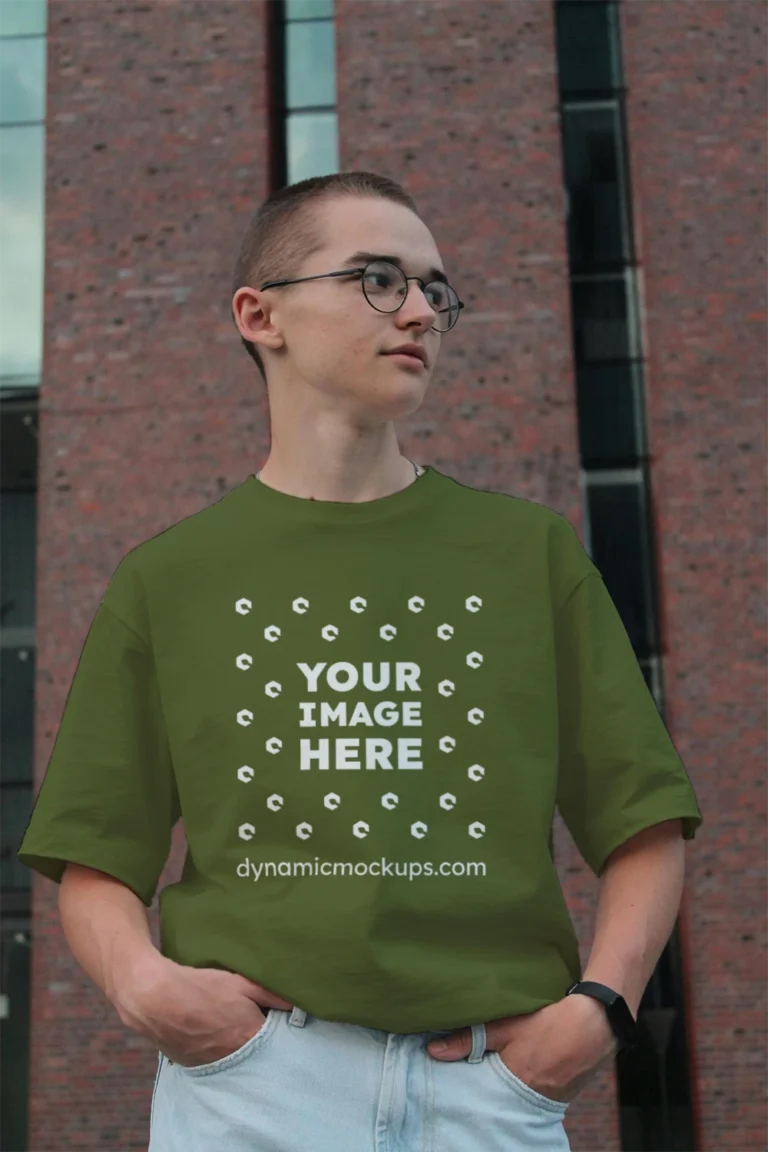 Man Wearing Olive Green T-shirt Mockup Front View Template