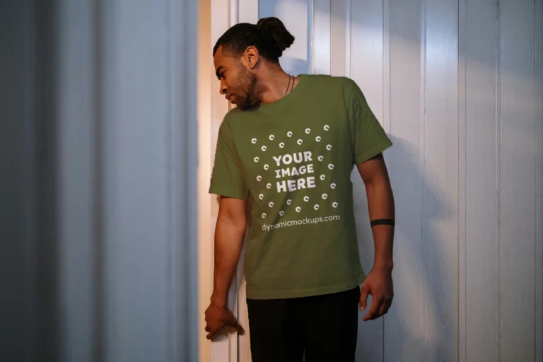 Man Wearing Olive Green T-shirt Mockup Front View Template