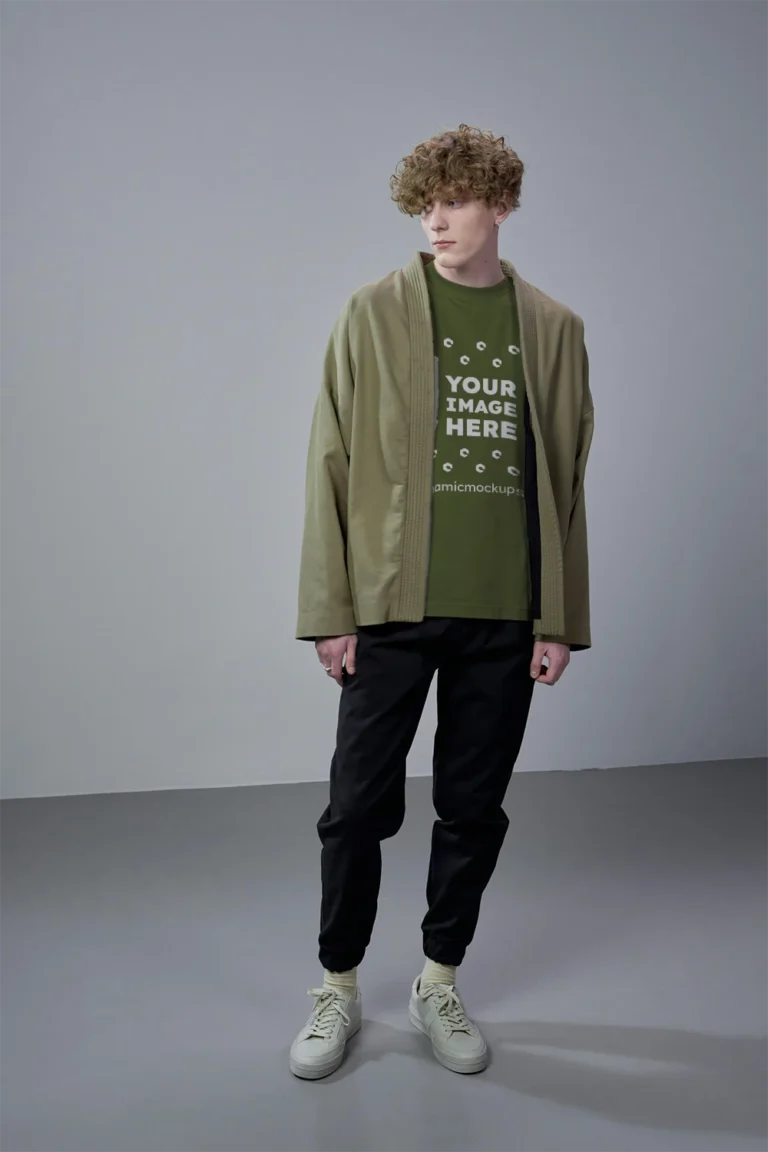 Man Wearing Olive Green T-shirt Mockup Front View Template