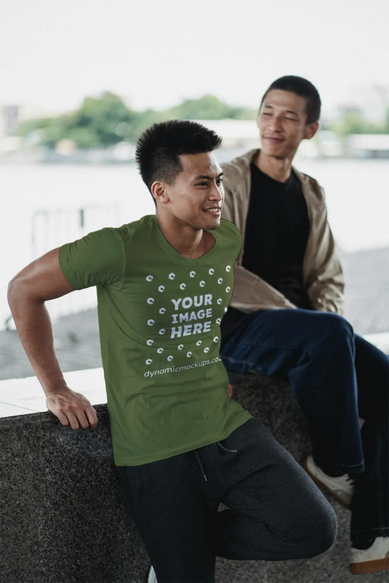 Man Wearing Olive Green T-shirt Mockup Front View Template