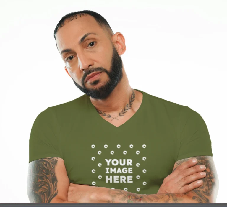 Man Wearing Olive Green T-shirt Mockup Front View Template