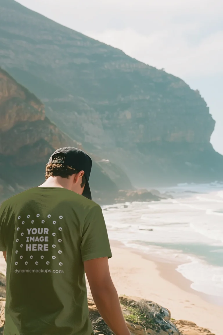 Man Wearing Olive Green T-shirt Mockup Back View Template