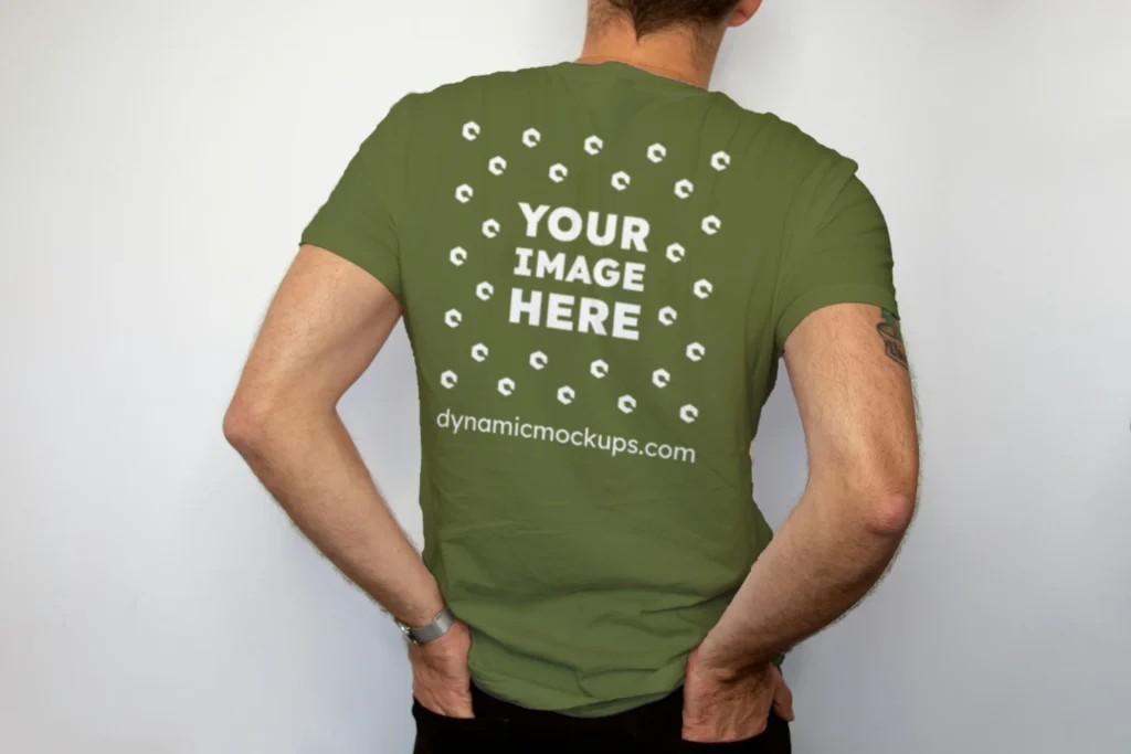 Man Wearing Olive Green T-shirt Mockup Back View Template