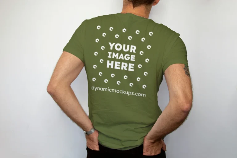 Man Wearing Olive Green T-shirt Mockup Back View Template