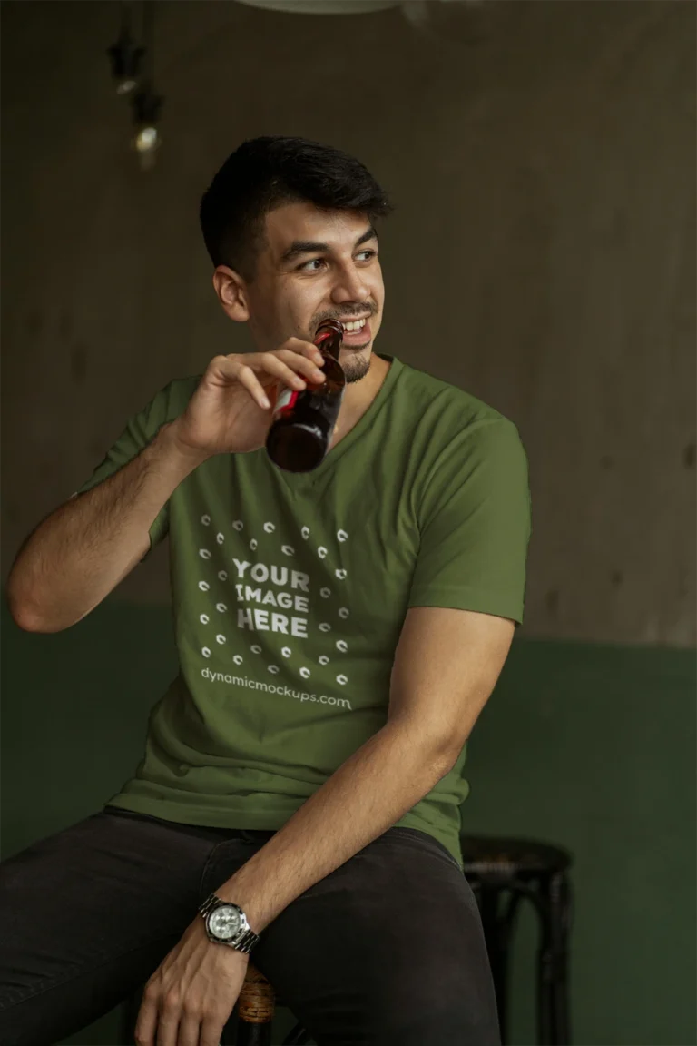 Man Wearing Olive Green T-shirt Mockup Front View Template
