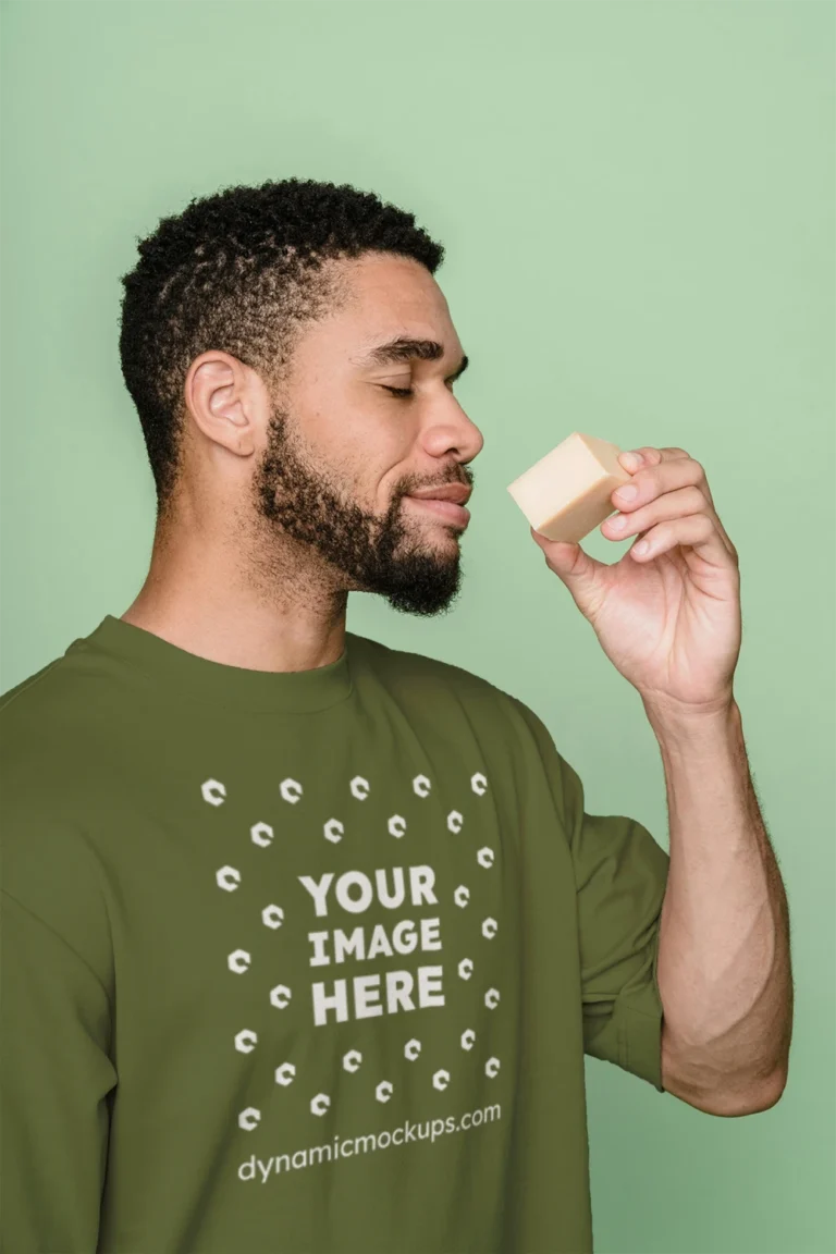 Man Wearing Olive Green T-shirt Mockup Front View Template
