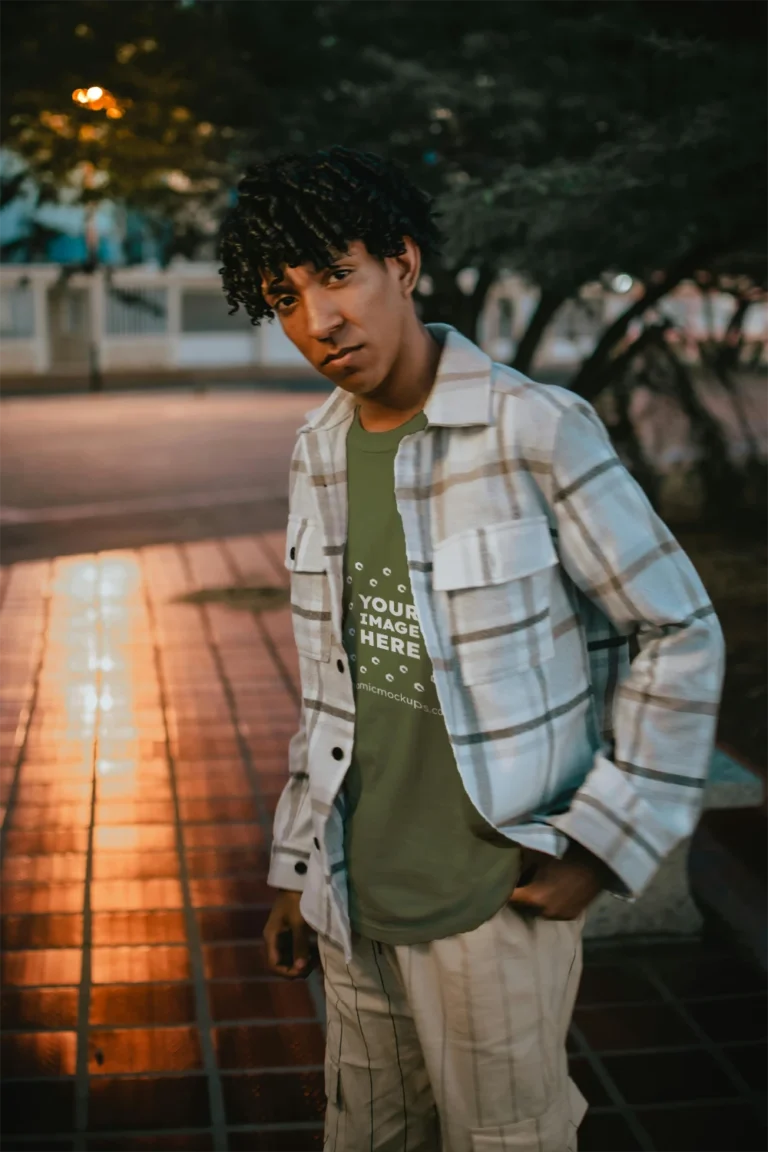 Man Wearing Olive Green T-shirt Mockup Front View Template