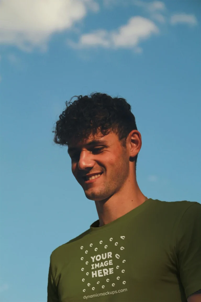 Man Wearing Olive Green T-shirt Mockup Front View Template