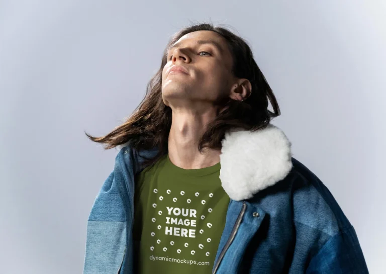 Man Wearing Olive Green T-shirt Mockup Front View Template