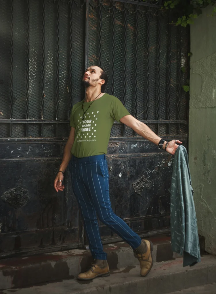 Man Wearing Olive Green T-shirt Mockup Front View Template